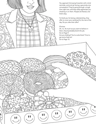Line drawing of a woman and a cushion decorated with various patterns and smiley faces.