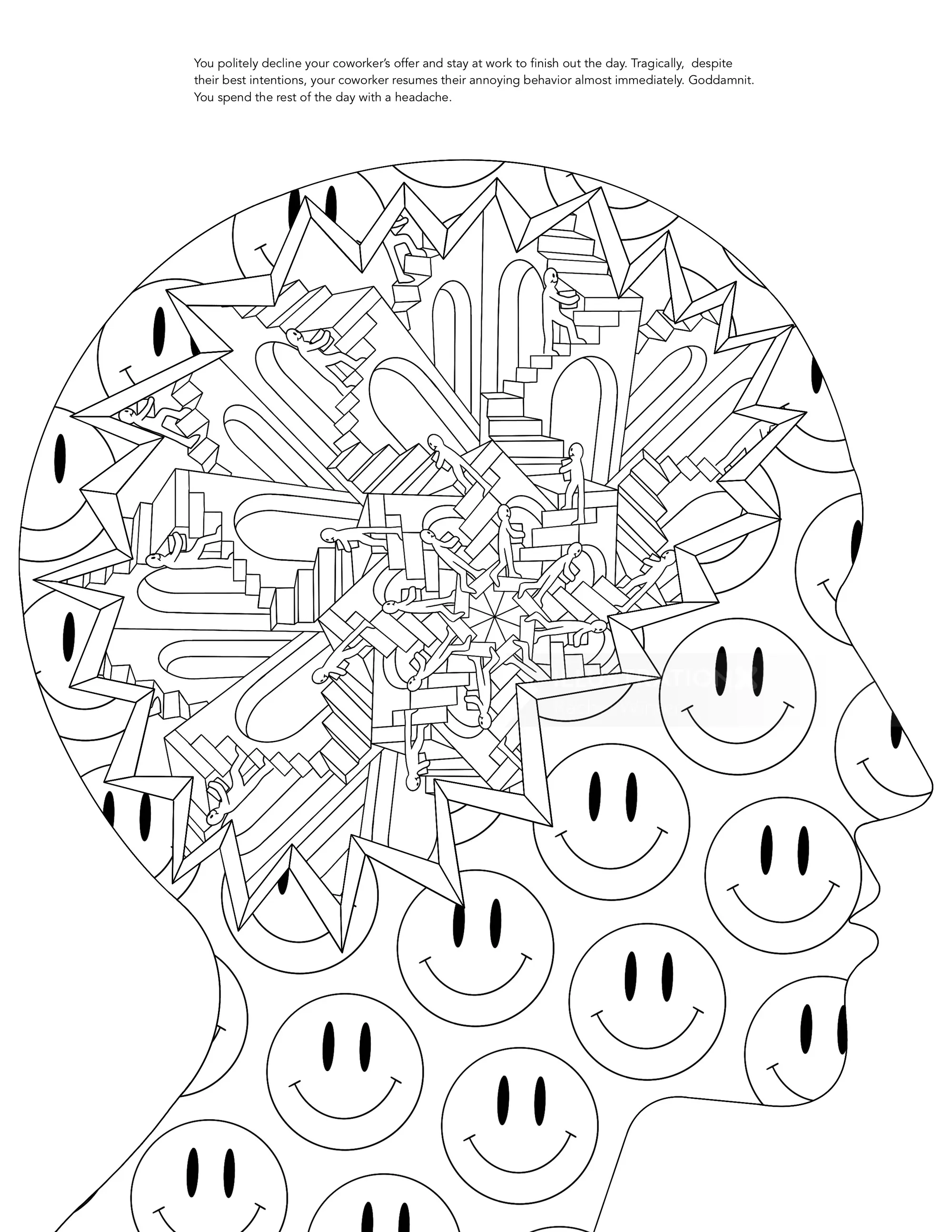 Perfil de cabeza abstracto con formas geométricas y caras sonrientes en el interior