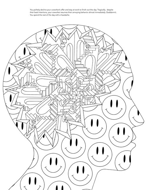 Abstraktes Kopfprofil mit geometrischen Formen und Smiley-Gesichtern im Inneren