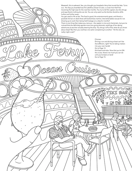 Mann entspannt sich auf dem Fährdeck mit Cocktail- und Tiki-Bar in Schwarz-Weiß-Illustration.