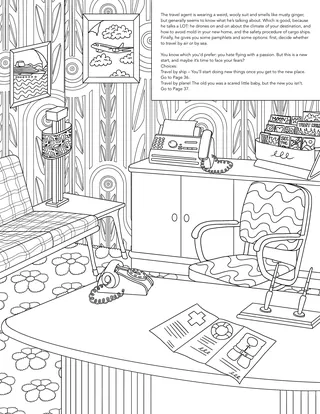 Line drawing of retro home office with rotary phone, desk, and chair.