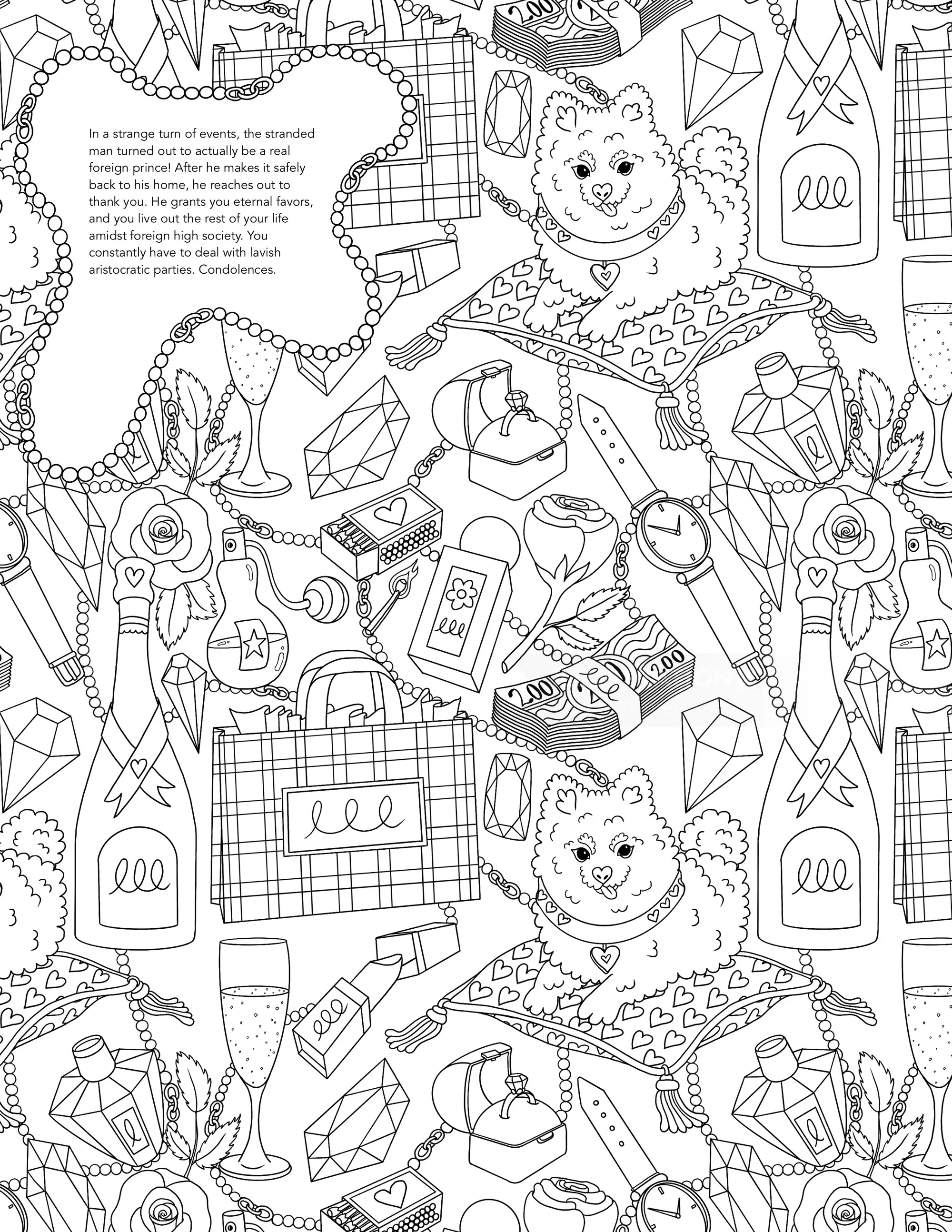 Strichzeichnung von Teddybären mit Geschenken, Bändern, Champagner und Partydekorationen.