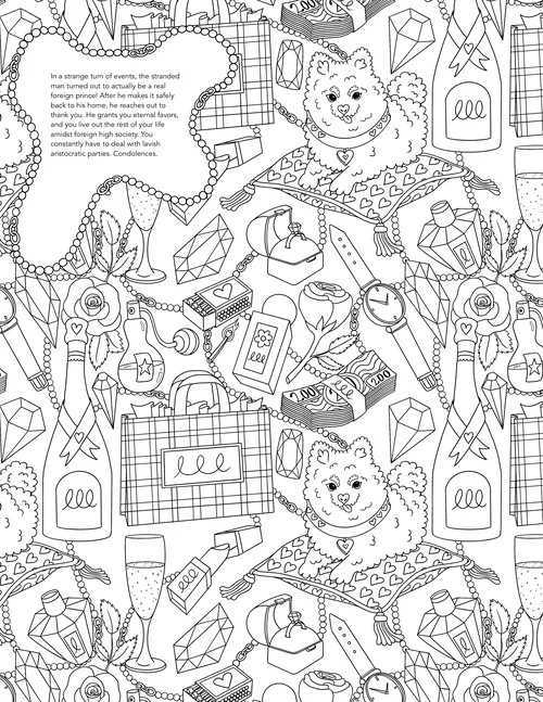 Strichzeichnung von Teddybären mit Geschenken, Bändern, Champagner und Partydekorationen.