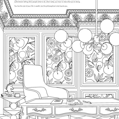 Line drawing of a living room with chair, table, and decorative plants.