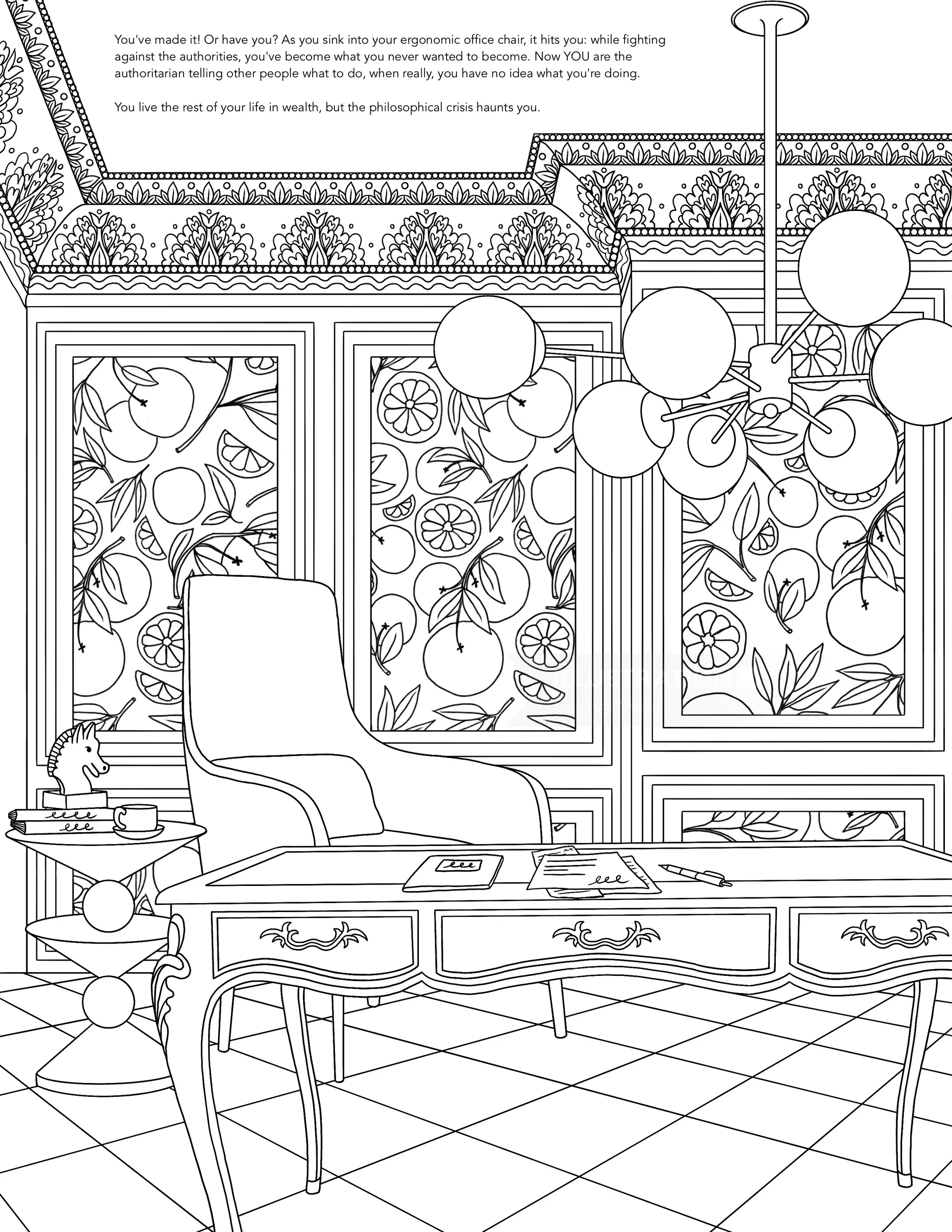 Line drawing of a living room with chair, table, and decorative plants.