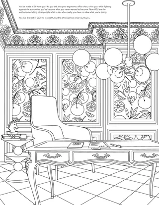 Line drawing of a living room with chair, table, and decorative plants.