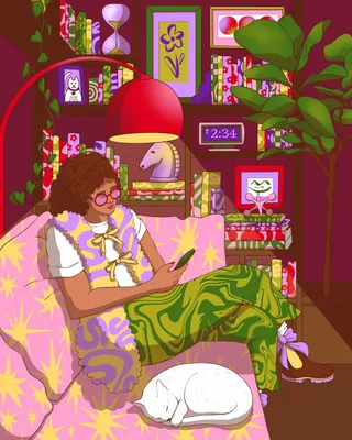 Person reading on couch with cat nearby in a vibrant, cozy room.