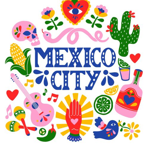 Mexico City illustration with cactus, guitar, skull, fruit, and hearts
