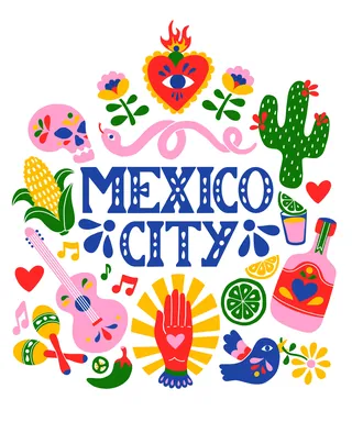 Mexico City illustration with cactus, guitar, skull, fruit, and hearts