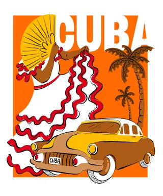 Vintage yellow Cuban car with dancer and palm trees on orange background