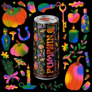 Pumpkin-themed can with vibrant autumn elements on black background