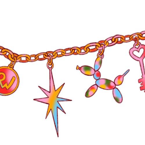 Colorful hanging ornaments and trinkets on a decorative string.
