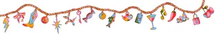 Colorful hanging ornaments and trinkets on a decorative string.