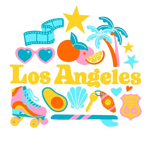 Bright Los Angeles illustration with palm tree, roller skate, and fruit