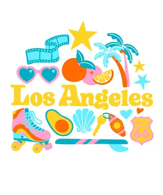 Bright Los Angeles illustration with palm tree, roller skate, and fruit