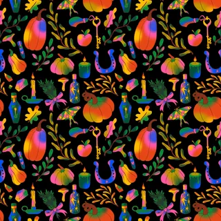 Vibrant Halloween pattern with pumpkins, candles, keys, potion bottles, and plants.