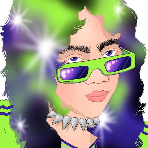 Person with green and purple hair wearing green sunglasses and spiked necklace