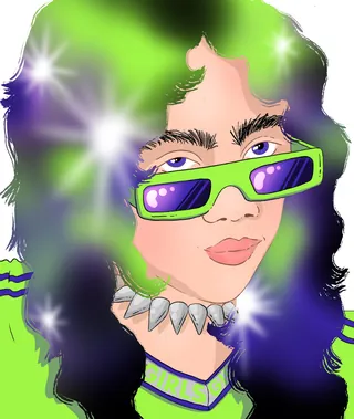 Person with green and purple hair wearing green sunglasses and spiked necklace
