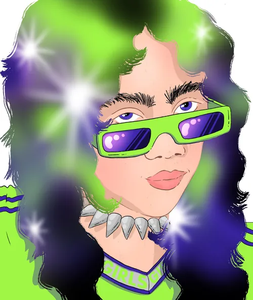 Person mit grün-violetten Haaren, die eine grüne Sonnenbrille und eine Stachelhalskette trägt