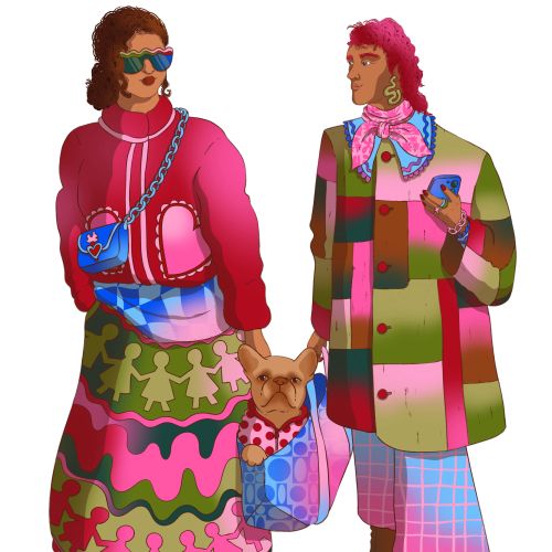 Two stylish people walking holding hands with dog in tote bag