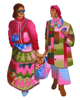 Two stylish people walking holding hands with dog in tote bag