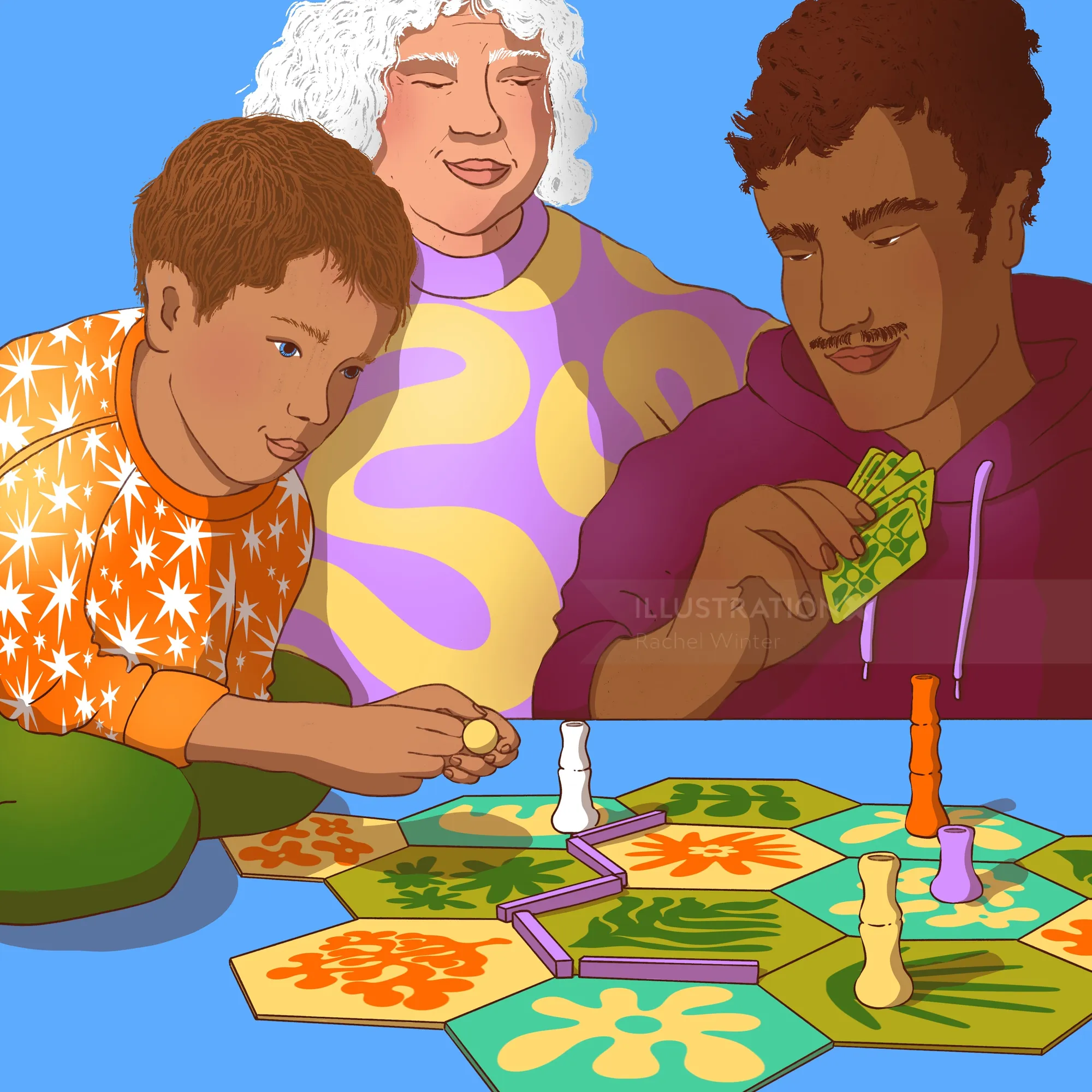Tres personas jugando a un divertido juego de mesa en el interior.