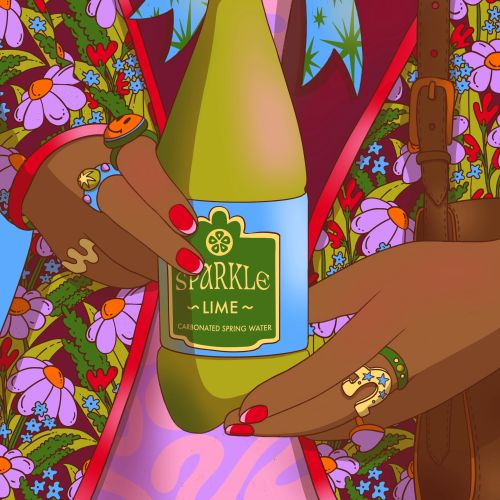 Hands holding a sparkling lime flavored water bottle with colorful floral background