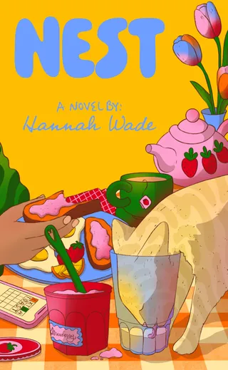 Book cover with strawberries, pie, plants, and a cat illustration