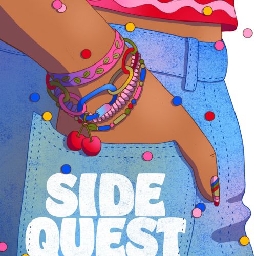 Hand with colorful bracelets on jeans pocket with Side Quest book title
