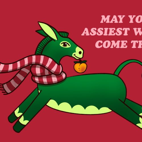 Green donkey wearing striped scarf holding apple by mouth, festive greeting