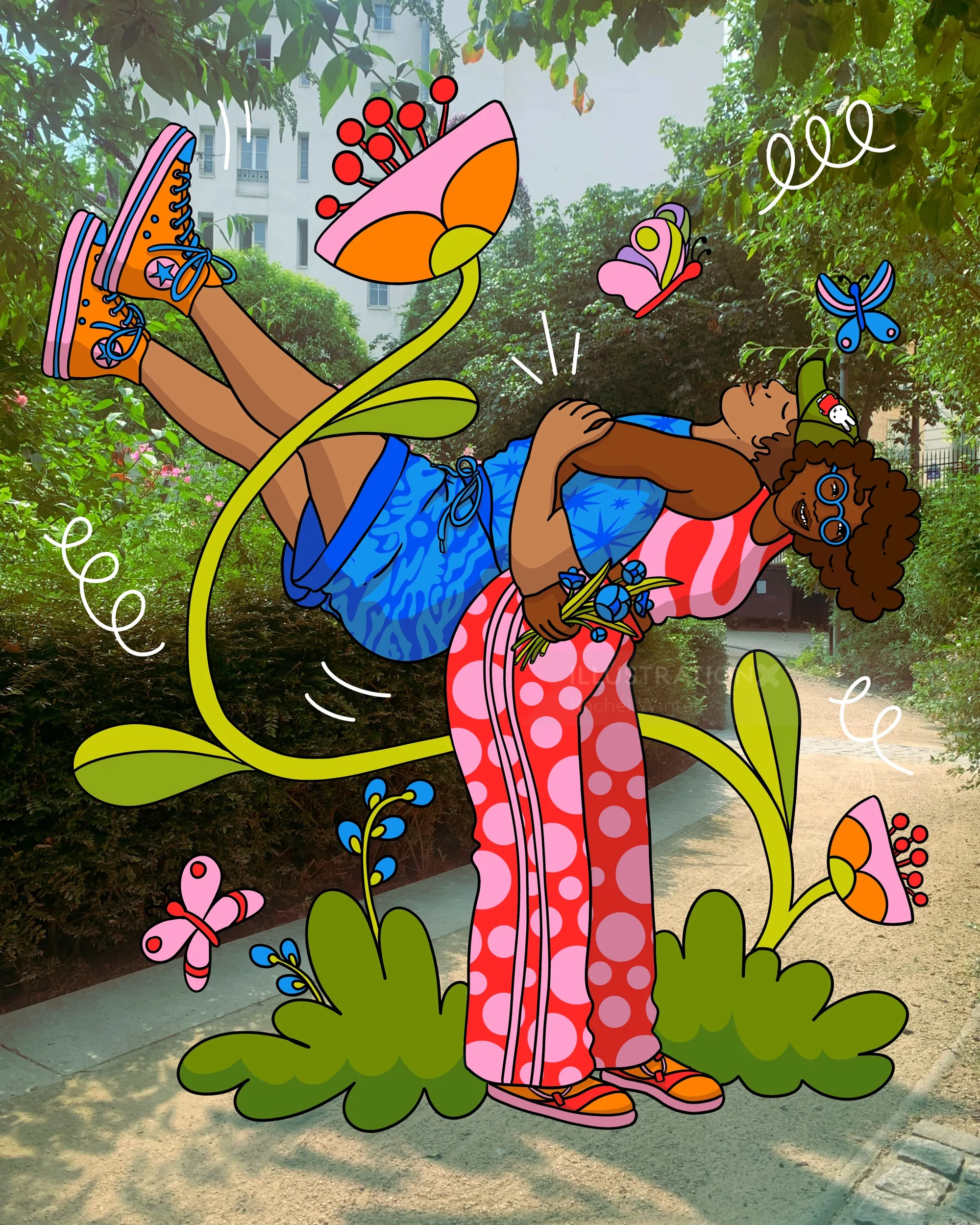 Ilustración de una pareja bailando rodeada de flores de colores por Rachel Winter