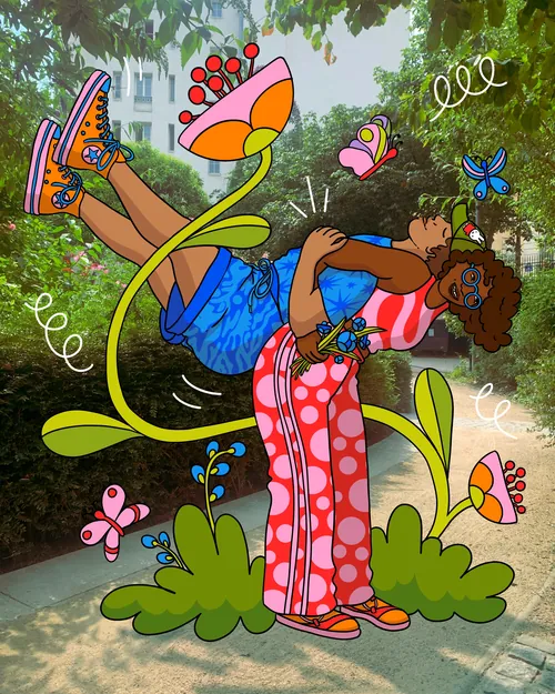 Illustration eines tanzenden Paares, umgeben von bunten Blumen, von Rachel Winter