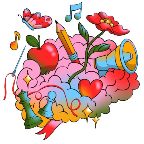 Illustration of a colorful brain with creative items by Rachel Winter