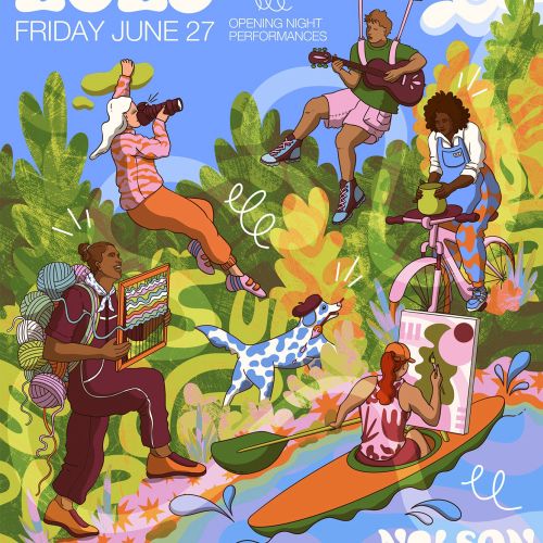 Colorful poster for Art Walk 2025 in Nelson featuring outdoor art and music, by Rachel Winter