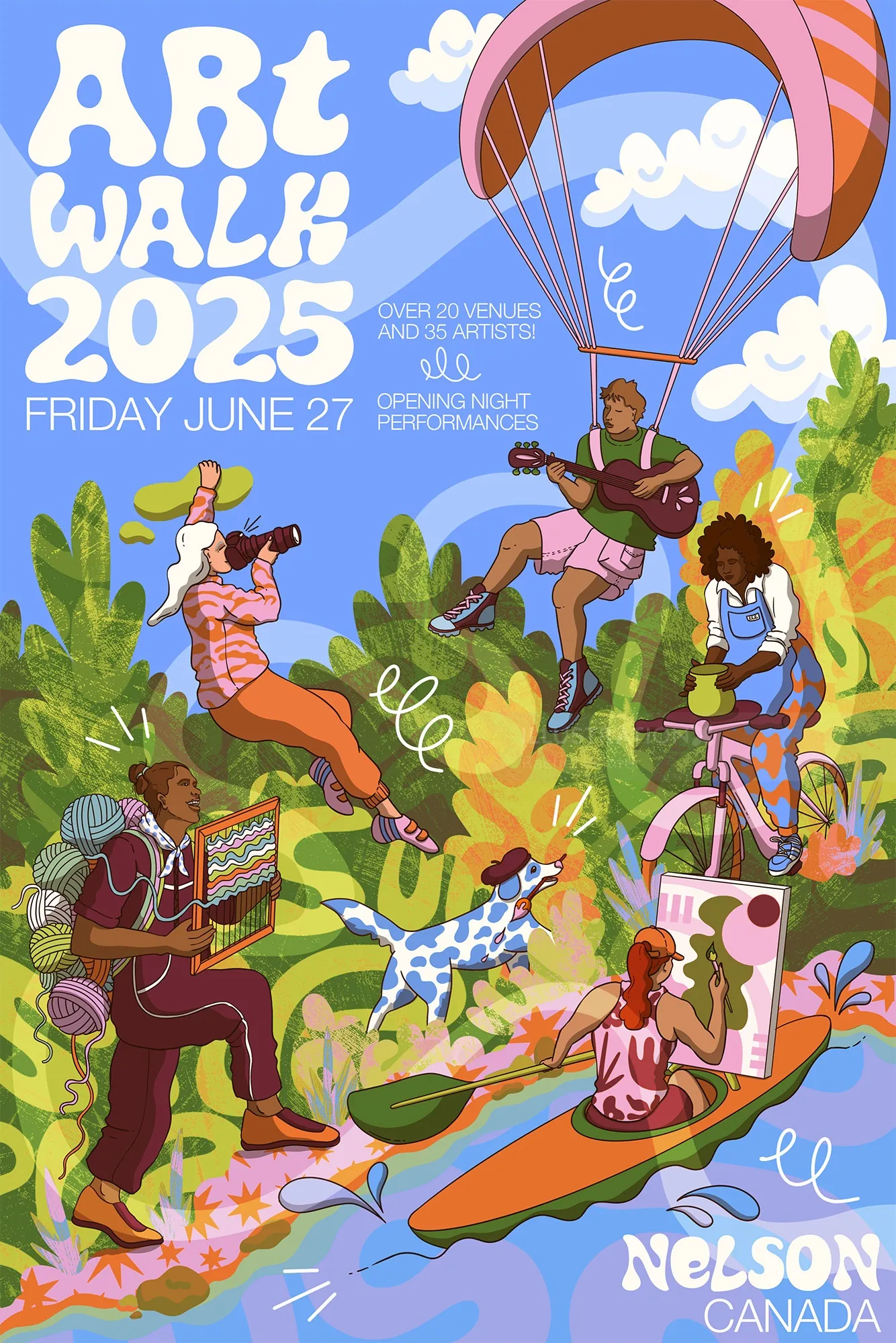Colorful poster for Art Walk 2025 in Nelson featuring outdoor art and music, by Rachel Winter