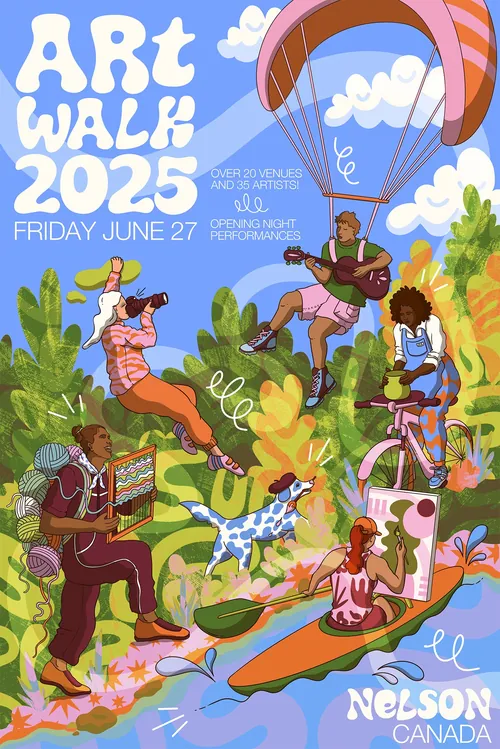 Farbenfrohes Plakat für den Art Walk 2025 in Nelson mit Kunst und Musik im Freien, von Rachel Winter