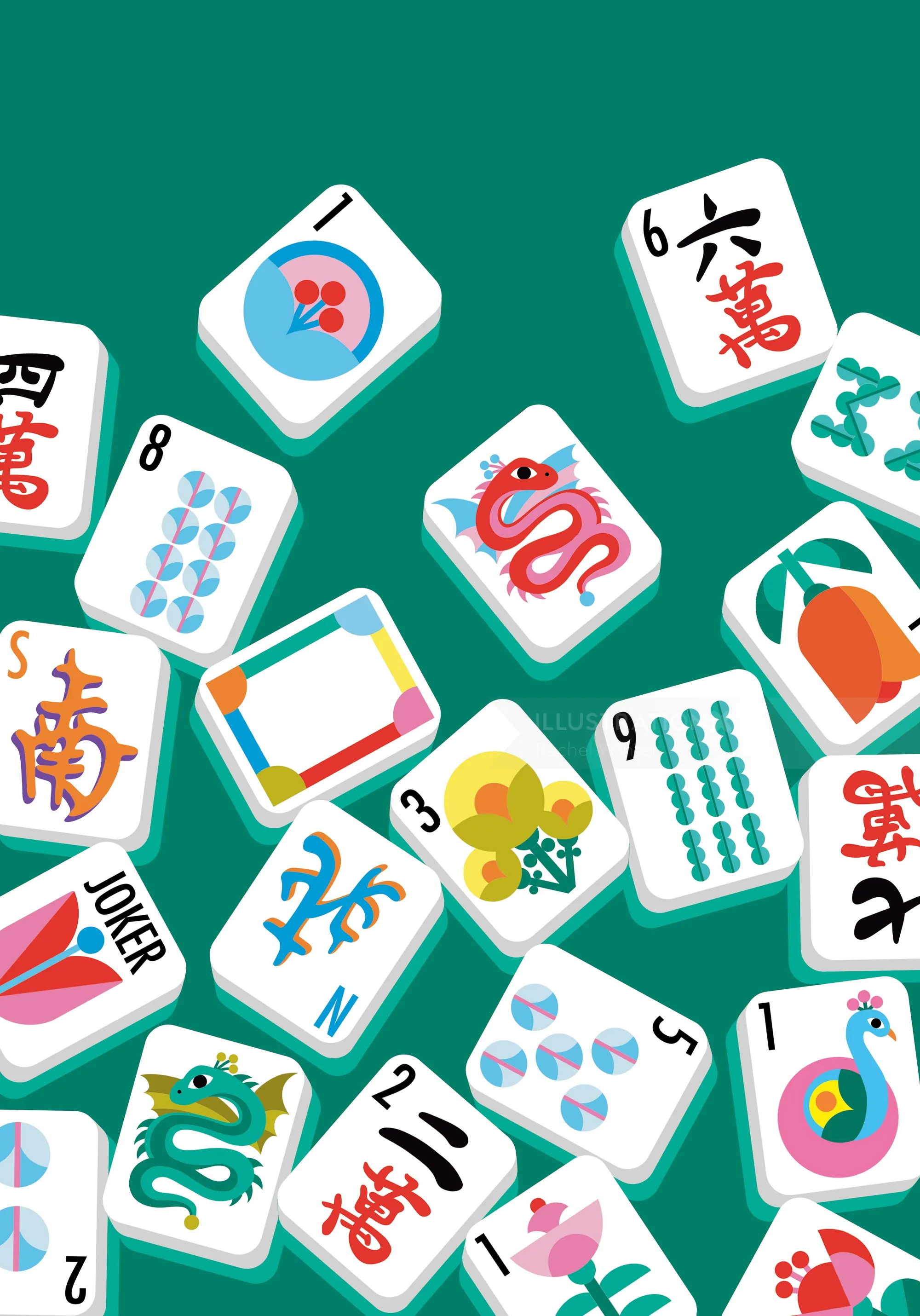 Ilustración colorida de fichas de mahjong por Rachel Winter