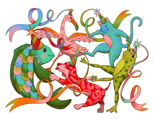 Verspielte Tiere mit Partyhüten und Luftschlangen von Rachel Winter
