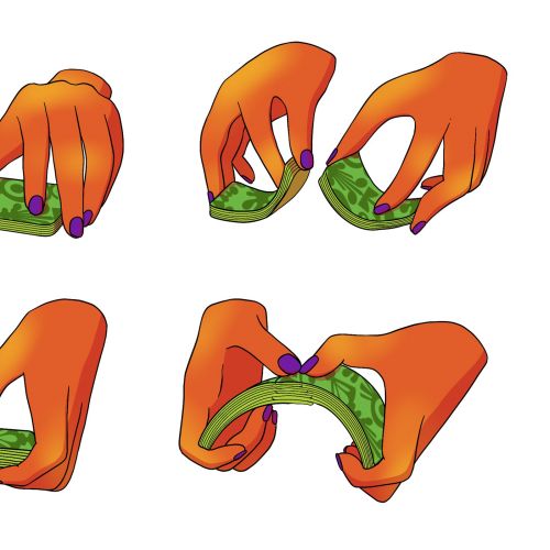 Hands folding and rolling a green leaf in six steps by Rachel Winter