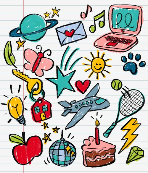 Bunte Doodle-Icons von Objekten und Tieren von Rachel Winter