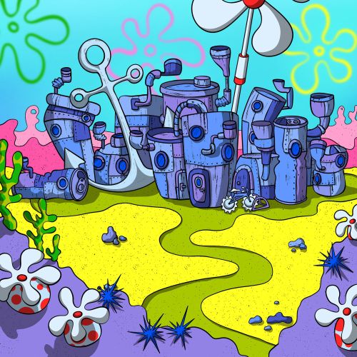 Colorful Bikini Bottom cityscape from SpongeBob Musical by Rachel Winter