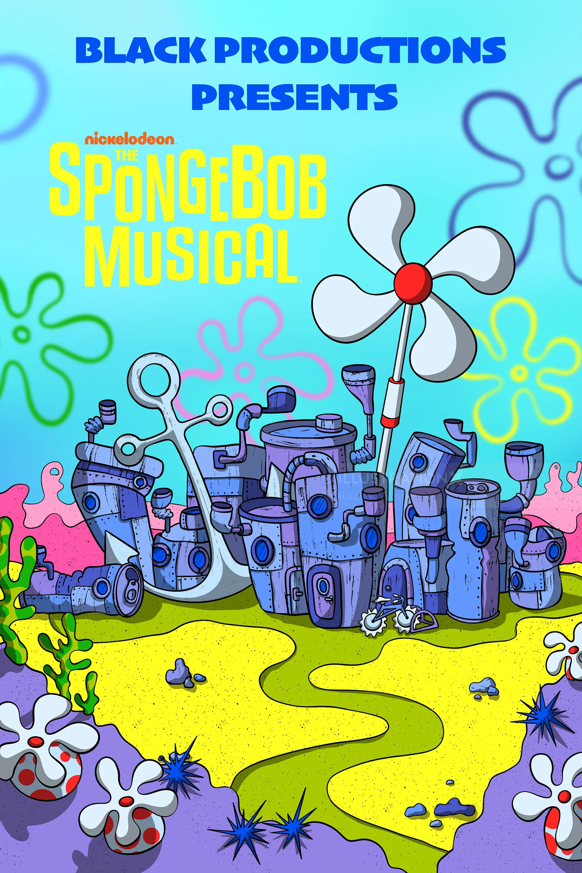 Paisaje urbano colorido de Fondo de Bikini del musical de Bob Esponja por Rachel Winter