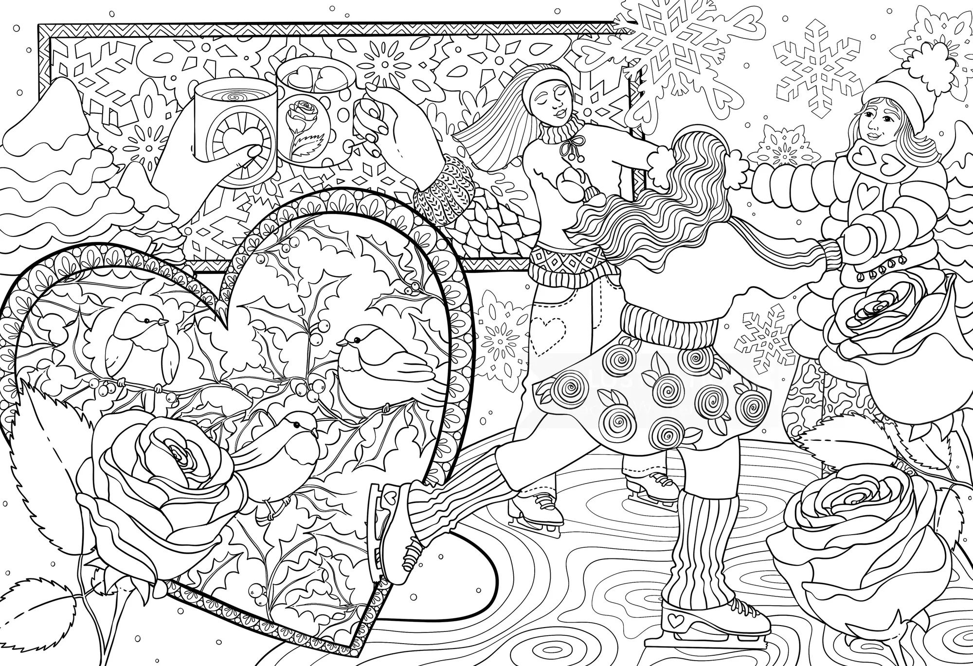 Winter ice skating scene with children and floral hearts by Rachel Winter