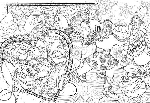 Winterliche Eislaufszene mit Kindern und Blumenherzen von Rachel Winter