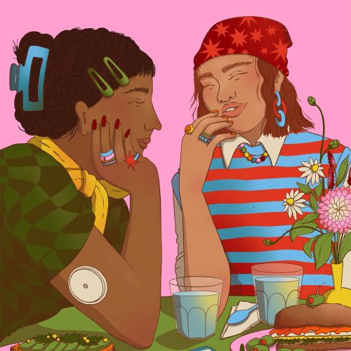 Two women laughing and talking over a meal, illustration by Rachel Winter