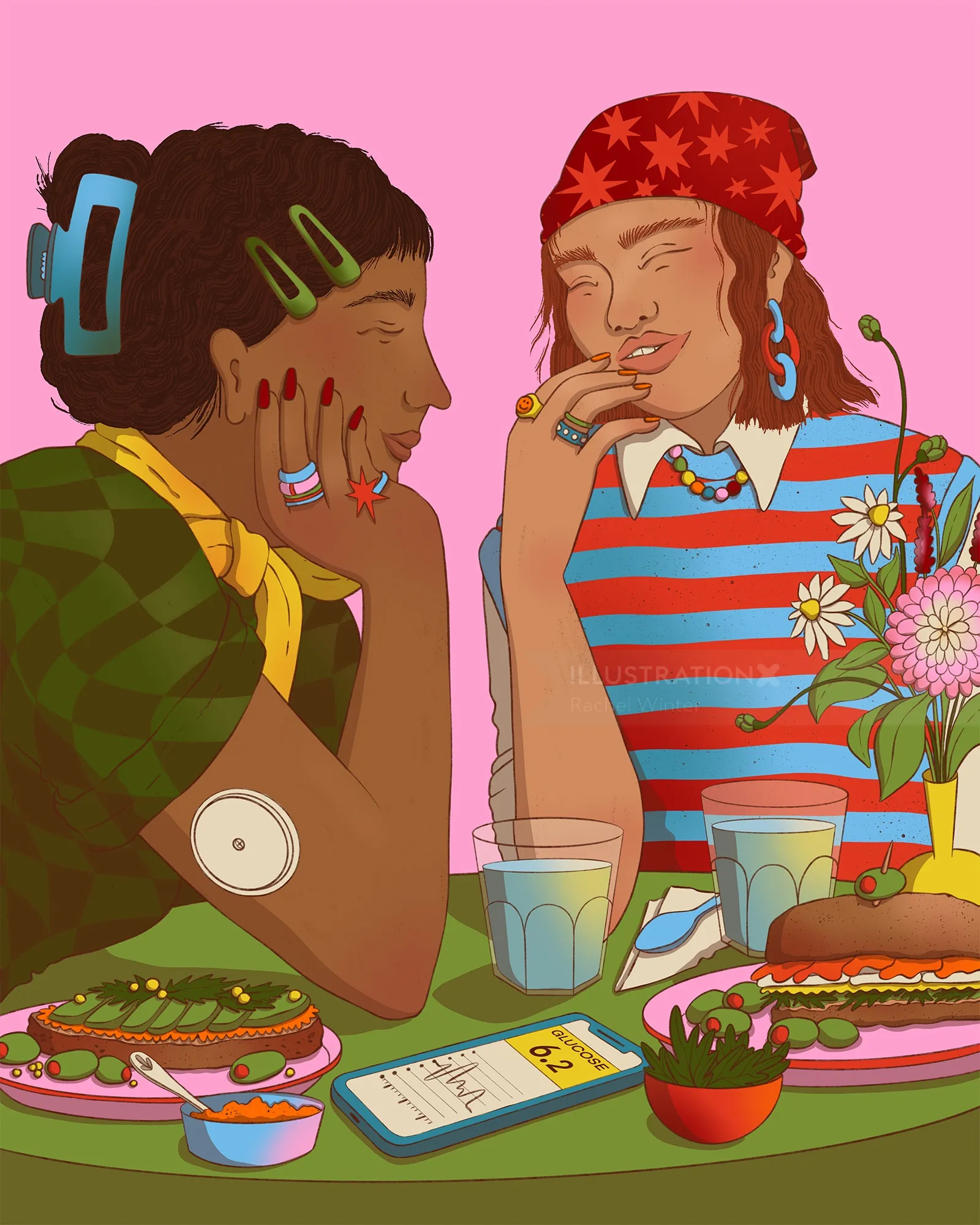 Two women laughing and talking over a meal, illustration by Rachel Winter