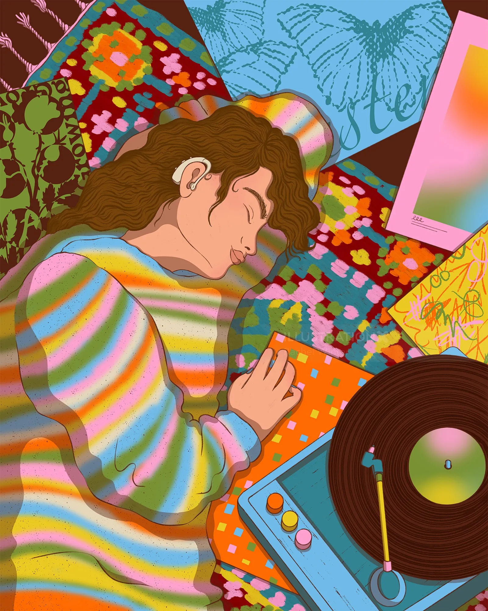 Person reclining near colorful patterned fabrics and a vinyl turntable by Rachel Winter