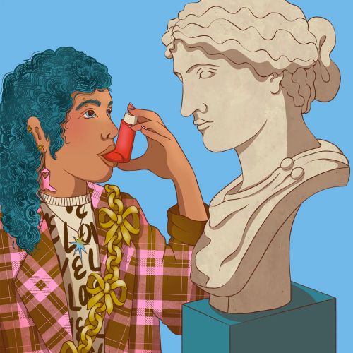 Woman in patterned clothes using inhaler beside classical bust sculpture by Rachel Winter