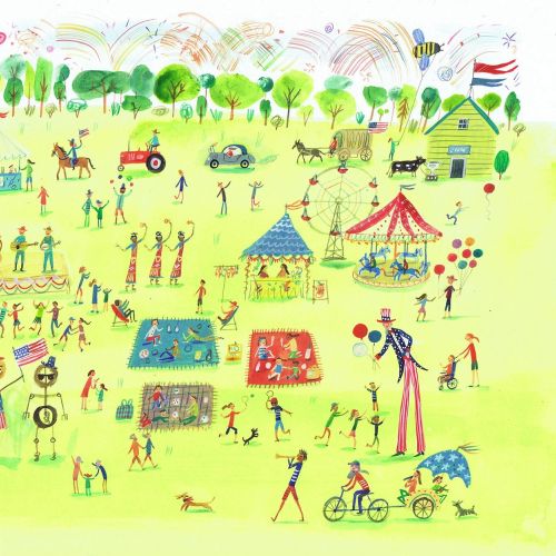drawing of a park with people refreshing