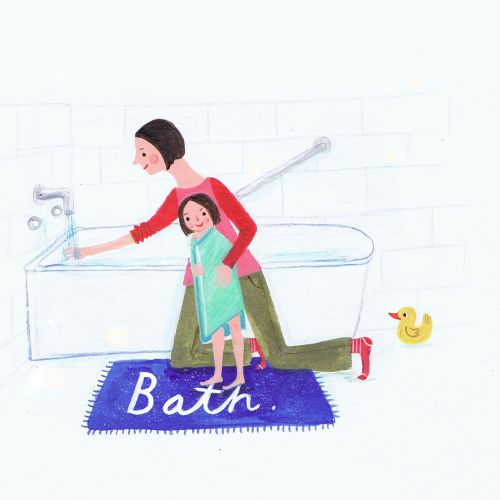 Illustration of a mother having bath to her baby